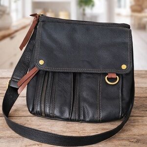 Fossil Black Morgan Traveler Crossbody Bag w/ Brass Accents and Adjustable Strap